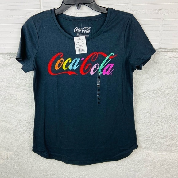 NWT COCA-COLA black logo colorful retro cotton short sleeve shirt size XS
